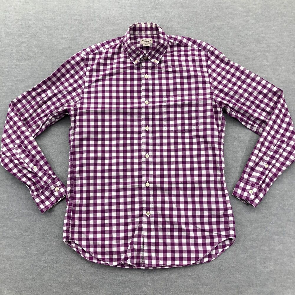 J. Crew Button Down Shirt Mens Size Small Light Weight Gingham Plaid Purple Whit
